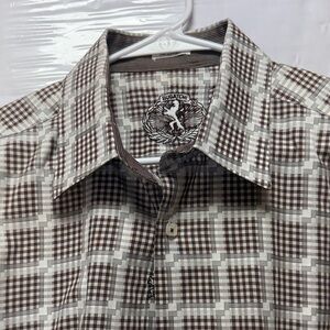 Bugatchi Men's Checkered Shirt in Brown and Cream